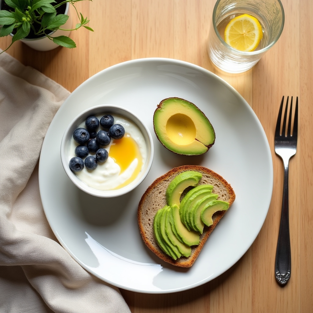Petit-déjeuner équilibré avec fruits frais, yaourt et céréales complètes