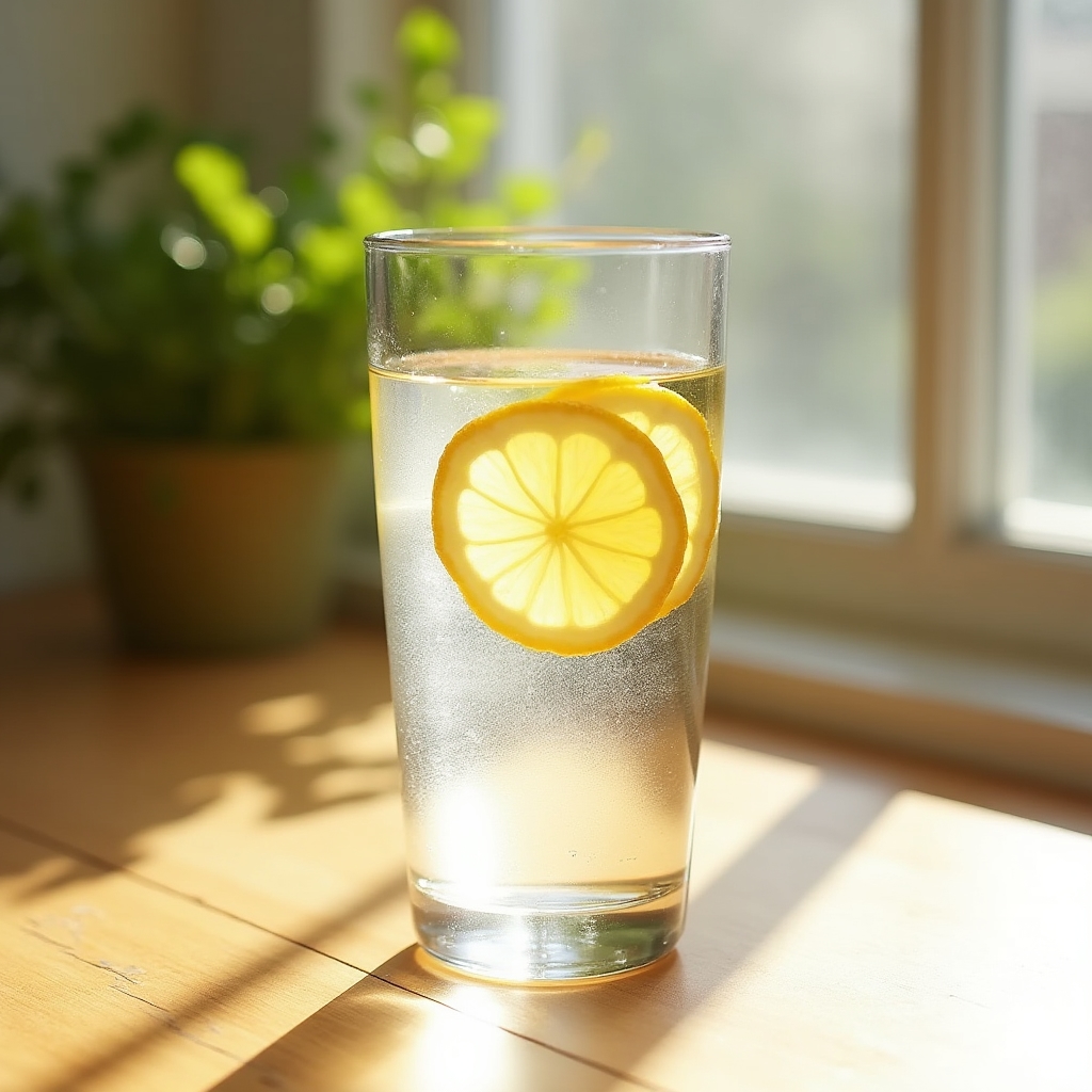 Verre d'eau avec citron sur table en bois au lever du soleil